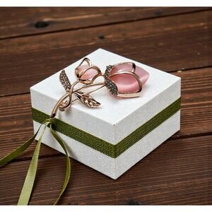 Pink Tulip Rose Flower Brooch Rose Gold Tone Rhinestone Floral Pin Gift Box
